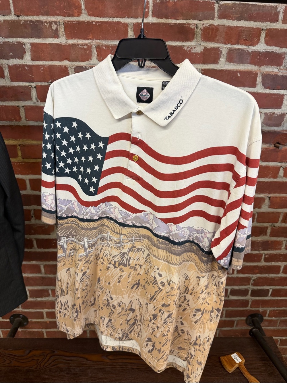 Tabasco Men's Polo with Red, Blue, Cream Scenic Flag Print